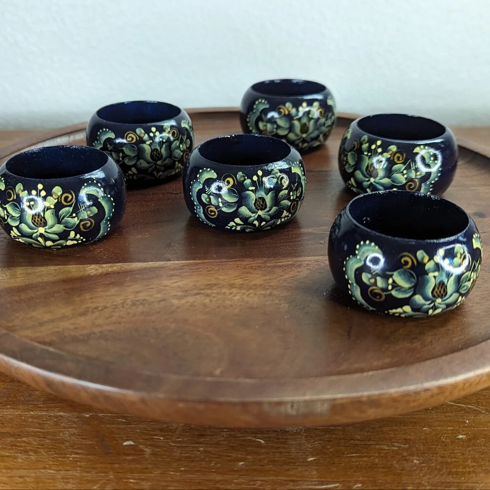 6 Vintage Hand Painted Wooden Napkin Rings Cobalt Blue Cream Lacquer Russian